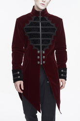 Manteau gothique pour homme à queue d'hirondelle avec col montant rouge et dentelle